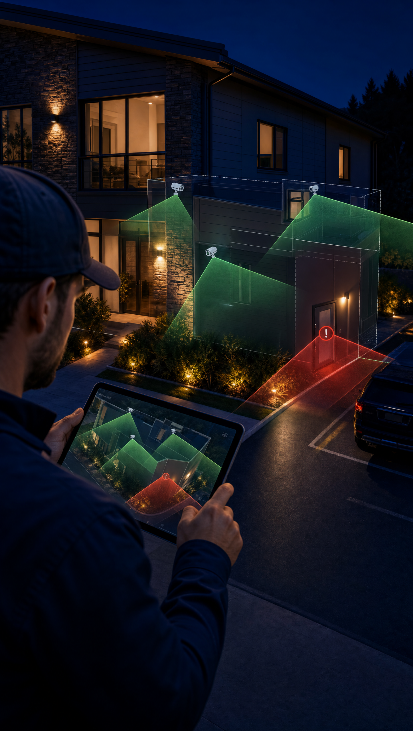 Technician reviewing security camera coverage and blind spots